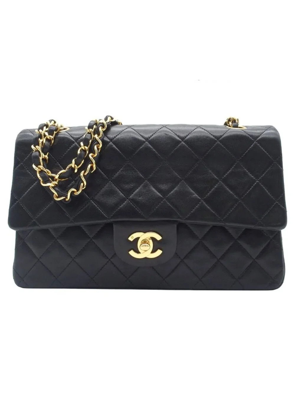 Chanel Shoulder Bag Quilted Double Flap Chain 25 Black Gold Lambskin